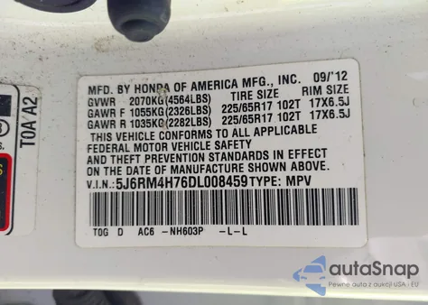 2013 Honda Cr-V Ex-L из США, поврежденный, VIN 5J6RM4H76DL008459